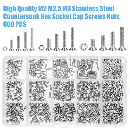 DYWISHKEY 600 PCS Metric M2 M2.5 M3, 304 Stainless Steel Flat Head Countersunk Socket Cap Bolts Screws Nuts Assortment Kit with Hex Wrenches - size: M2 M2.5 M3