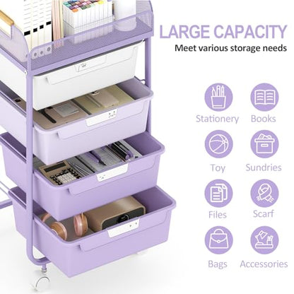 SYKIARIOL 4-Drawer Rolling Storage Cart with Mesh Top,Purple - color: Purple