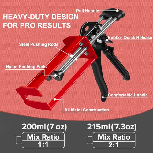 Epoxy Gun Dual Component 200ml – Manual 1:1 & 2:1 Ratio Adhesive Applicator for Epoxy, Urethane, Acrylic,High-Thrust 2-Part Adhesive Gun for Panel Bonding, Structural & Plastic Repair,Red - size: 200 ml/215 ml (1:1, 2:1)