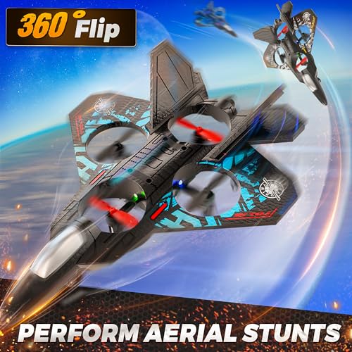 RC Fighter Jet Toy, Remote Control Airplane with LED Lights and 360° Flip - color: Gray-4batteries