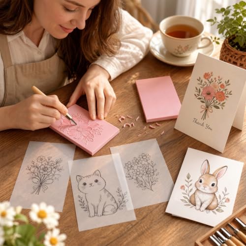 7Pcs 4"×6" Linocut Printmaking Kit, 2 Rubber Carving Blocks with Tracing Papers & Blank Cards