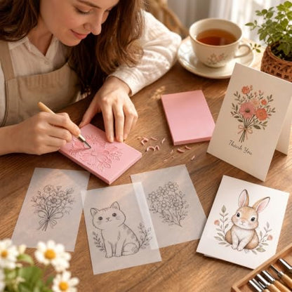 7Pcs 4"×6" Linocut Printmaking Kit, 2 Rubber Carving Blocks with Tracing Papers & Blank Cards