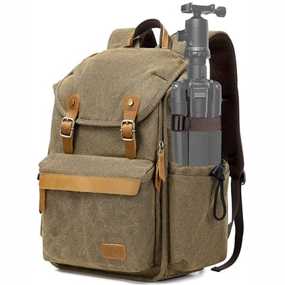 Padwa Lifestyle Khaki Camera Backpack - Professional DSLR & UAV Camera Bag,Anti Theft Canvas Camera Backpacks with Rain Cover,Large Capacity Photography Travel Camera Bag with Multi Compartments - color: Khaki Canvas, style: Canvas Bag Flap