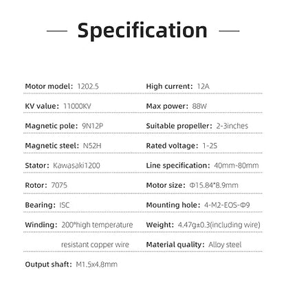 HGLRC Specter 1202.5 11000KV 1-2S Brushless Motor with 80mm Wire Without Plug for Micro Whoop Toothpick Drone