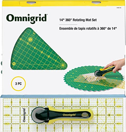 Omnigrid 14" 360° Rotating Mat Set with Self-Healing Cutting Mat, Ruler, and Rotary Cutter