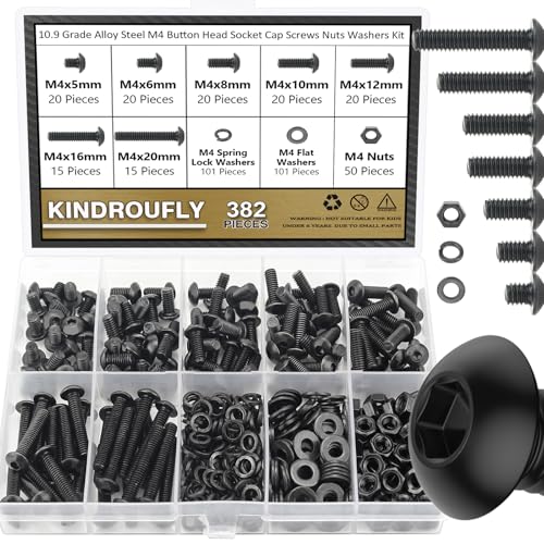 382 Pieces Black M4 x 5/6 /8/10 /12/16 /20mm Button Head Socket Cap Screws Nuts Washers Assortment Kit, 10.9 Grade Alloy Steel - size: M4, style: Button Head