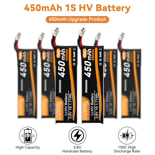 1S Lipo Battery 3.8V 450mAh with BT2.0 Connector for Tiny Whoop Drone-6Pack