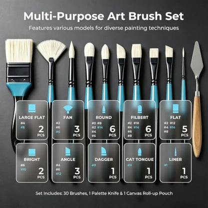 Nicpro 30pcs Paint Brush Set for Acrylic Painting, Oil, Watercolor, Gouache - color: Black-blue