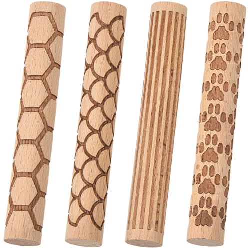 CREATCABIN 4 Pcs Wooden Clay Texture Rollers Pottery Stamp Roller Tools Sector Straight Line Paw Hexagon Pattern Textured Rolling Pins for Modeling Ceramics Painting Handmade Craft Art DIY 3.94 Inch