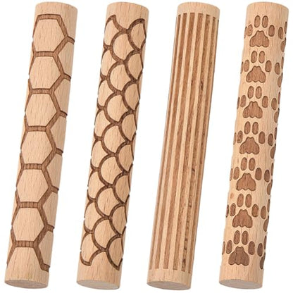 CREATCABIN 4 Pcs Wooden Clay Texture Rollers Pottery Stamp Roller Tools Sector Straight Line Paw Hexagon Pattern Textured Rolling Pins for Modeling Ceramics Painting Handmade Craft Art DIY 3.94 Inch