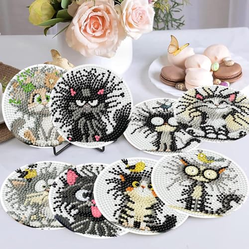 8 Pcs Cat Diamond Art Coasters, Diamond Painting Coasters 4X4IN - color: Cat