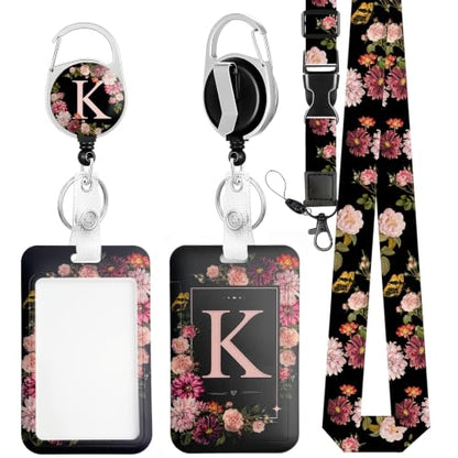 Black Lanyard for Women Custom Letter ID Badge Holder with Retractable Reel - color: K