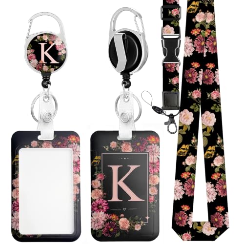 Black Lanyard for Women Custom Letter ID Badge Holder with Retractable Reel - color: K