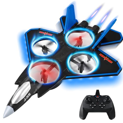 BEZGAR RC Fighter Jet Toy, RC Plane with LED Lights & 360° Flip, Blue - color: Blue