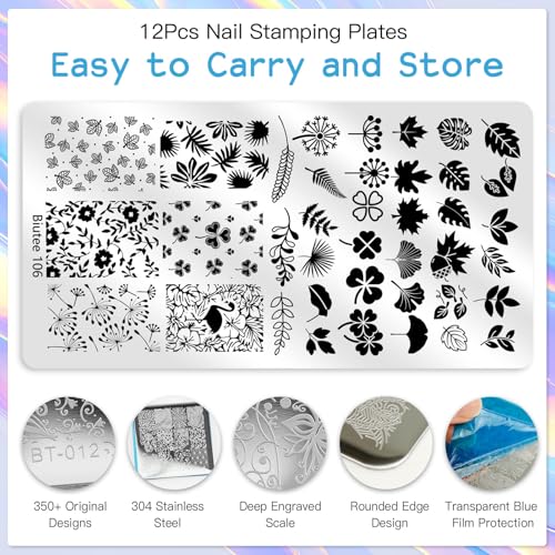 Biutee Nail Stamping Plate 12Pcs with Silicone Stamper Scraper Storage Bag - color: 16PCS