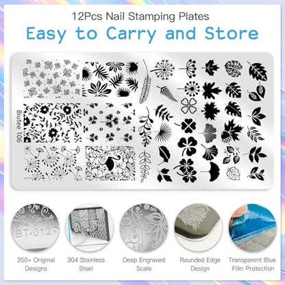 Biutee Nail Stamping Plate 12Pcs with Silicone Stamper Scraper Storage Bag - color: 16PCS