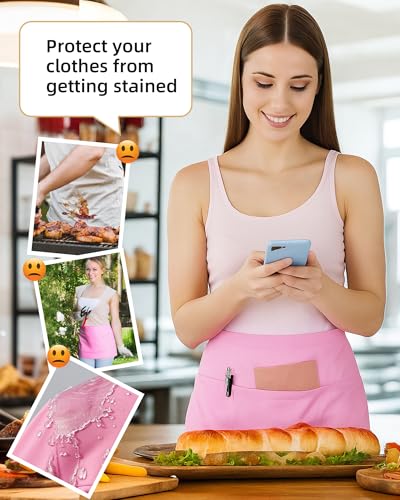Argstar 2 Pack Server Apron with 4 Pockets, Waitress Waiter Waist WaterDrop Resistant Short Aprons - color: Pink