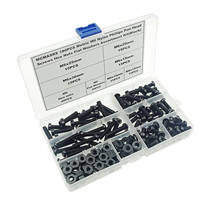 Metric M6 Phillips Pan Head Nylon Screws Nuts Flat Washers Assortment Kit, Screw Length:10mm to 30mm(Black) - size: M6