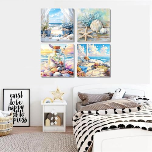 Ekuxom 4 Pack Beach Paint by Numbers Kit for Adults on Canvas Framed - color: 4 Pack Beach
