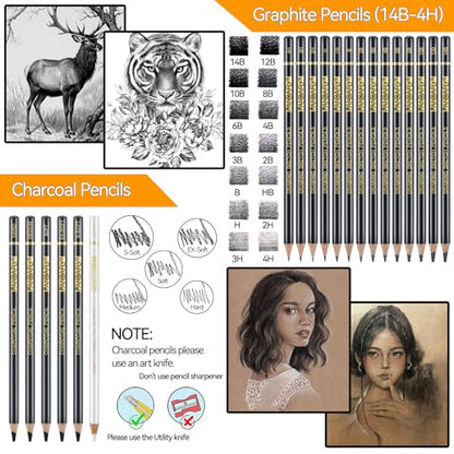 KALOUR 26-Piece Professional Sketch Pencil Set, 4H to 14B Graphite Pencils