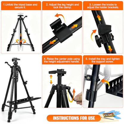 Adjustable Artist Easel - 19.69" to 61.8", Portable Folding Tabletop or Floor Easel with Brush Tray, Carry Bag, 4 Clips, 5 Palette Knives for Painting, Display, and Art Exhibitions (Black)