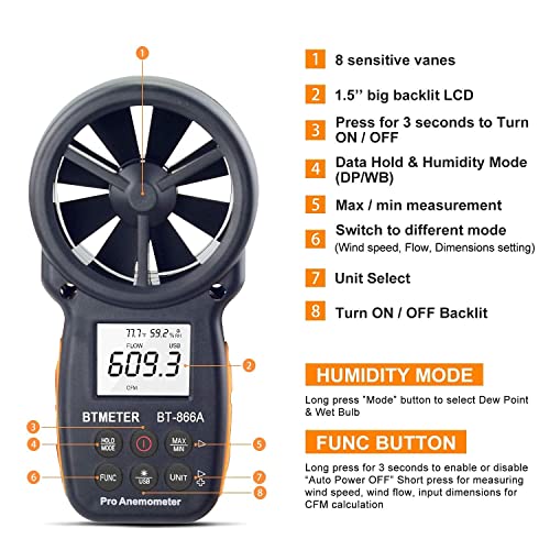 BTMETER 866A Pro Handheld HVAC Anemometer CFM Air Flow Meter(Wet Bulb Temp) - color: BT-100WM Anemometer
