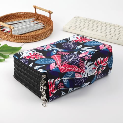 250 Slots Canvas Pencil Case 5-Layer Zipped Holder w/Handle - color: Black Leaves, size: 250