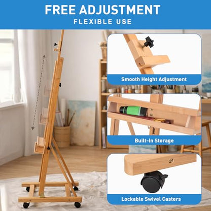 Falling in Art Large H-Frame Studio Artist Easel, Holds up to 51'', Natural - style: Natural