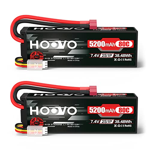 HOOVO 2S 7.4V 5200mAh 80C RC LiPo Battery Hard Case with T Connector 2 Pack - style: 2S 5200mAh