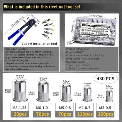 ASKWAY Pressure Rivet Nut Tool Kit, 430Pcs Aluminum Rivet Nut Combination