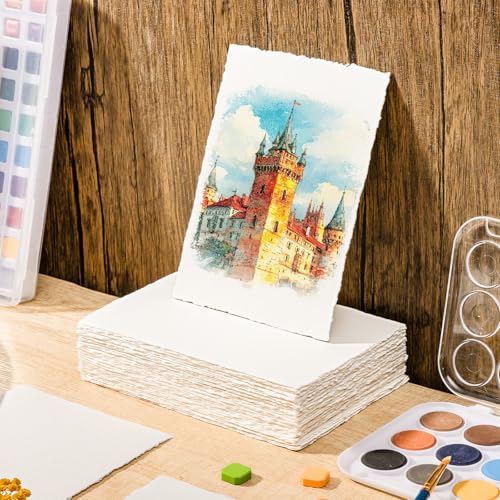 100 Sheets Watercolor Paper 4 x 6 Inch, 300 GSM, Deckle Edge, Ivory - size: 4 x 6inch