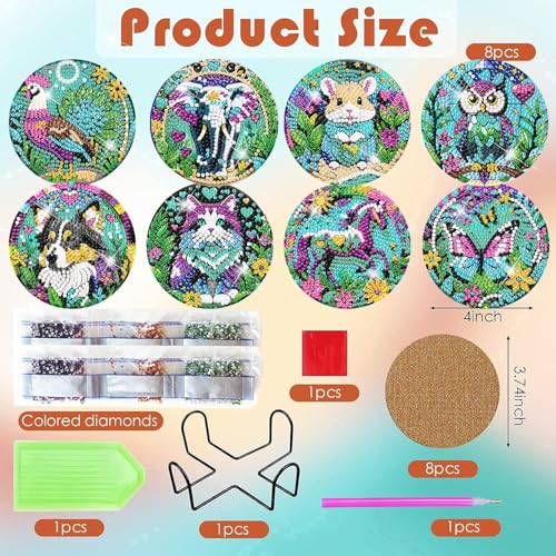 ijbnhd 8 PCS Animals Diamond Painting Coasters 4X4inch(Cork Wooden Pad) - color: Animals