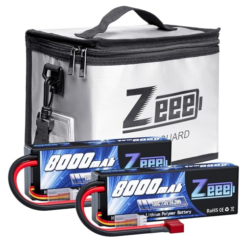 Zeee 2S Lipo Battery 8000mAh 7.4V 100C Hard Case Battery T Connector 2 Pack Batterries with 1 Pcs Lipo Safe Bag Fireproof Explosionproof Bag for Storage Charging