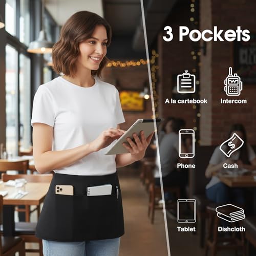 BOHARERS 4 Pack Waitress Apron With 3 Pockets-Black Server Aprons-Waiter Short Half Waist Servers Apron - color: A-4 Pack Black