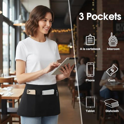 BOHARERS 4 Pack Waitress Apron With 3 Pockets-Black Server Aprons-Waiter Short Half Waist Servers Apron - color: A-4 Pack Black