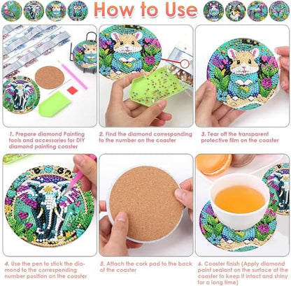 ijbnhd 8 PCS Animals Diamond Painting Coasters 4X4inch(Cork Wooden Pad) - color: Animals