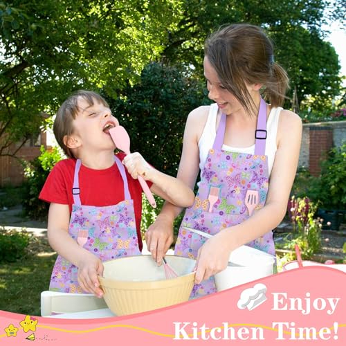 Kids Aprons for Cooking, Toddler Apron for Girls with Pockets Apron for Kid - color: Purple Butterfly