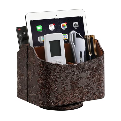 PU Leather Remote Control Holder, 360 Degree Rotating Desk Organizer Luxury Desktop Storage Rack, Rotating Bedside Storage Box for Desktop Office Living Room Bedroom (Brown Grape Pattern) - color: Brown Grape Pattern