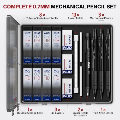 WUO 0.7mm Mechanical Pencil Set, 3 Pack Black Metal Drafting Pencils - color: Black, size: 0.7