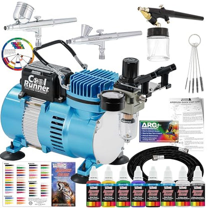 Master Airbrush Cool Runner II Air Brush Kit with Air Compressor Dual Fan - color: Cool Blue
