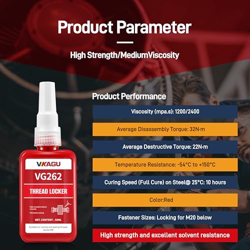VIKAGU 262 Red High Strength Thread Locker - Resists High Heat, Oil & Chemicals - Permanent Locking Adhesive for Metal Nuts & Bolts - 1.69Oz/50ml - style: $8.99/50ML