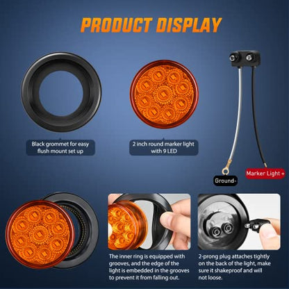 Nilight 2" Round Marker Light 2PCS Amber 9LED Clearance Lights Flush Mount - color: Amber 2Pcs 9LED
