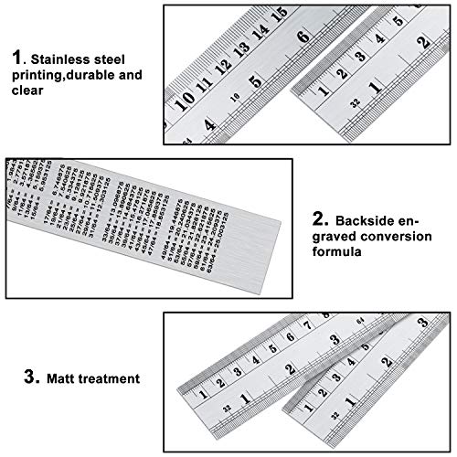 EBOOT Stainless 2 Pack Steel Ruler 12 Inch Metal Rule Kit with Conversion Table - color: Silver, style: 12 Inch, 12 Inch Style