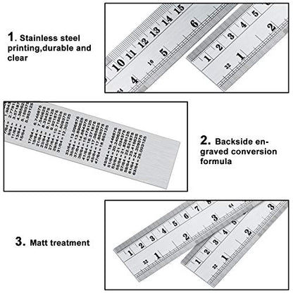 EBOOT Stainless 2 Pack Steel Ruler 12 Inch Metal Rule Kit with Conversion Table - color: Silver, style: 12 Inch, 12 Inch Style