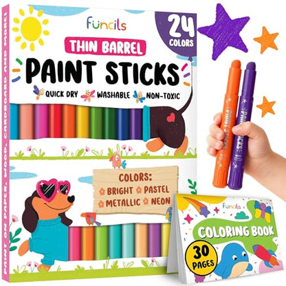 24 Thin Washable Paint Sticks for Kids, Painting Crayons w/Coloring Book - color: 24 Thin