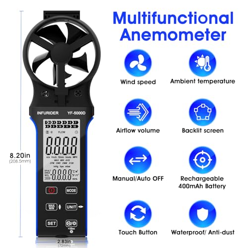Handheld Anemometer, Anti-dust CFM Meter With Touch Button, Rechargeable Wind Speed Gauge for Air Flow, Chill, Temp Test, Waterproof LCD Backlight - style: 5000D