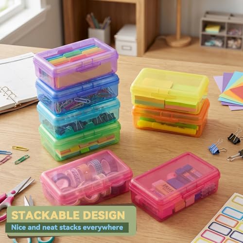 novelinks 5x8 Inch Plastic Pencil Box, Small Clear Storage Bins with Lids - size: 8 Pack
