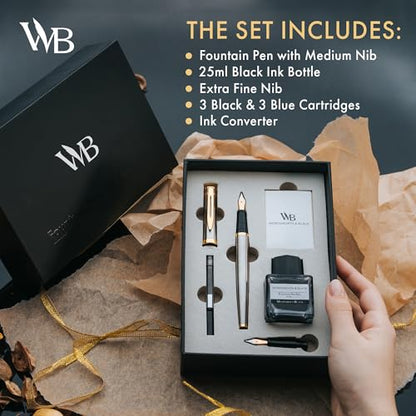 Wordsworth & Black Fountain Pen Gift Set, Medium & Extra Fine Nib, Silver Gold - color: Silver Gold
