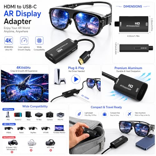 Guermok HDMI to USB C Video Display Adapter, 4.9ft AR Glasses Hub, 4K@60Hz - color: Black, size: 4.9FT