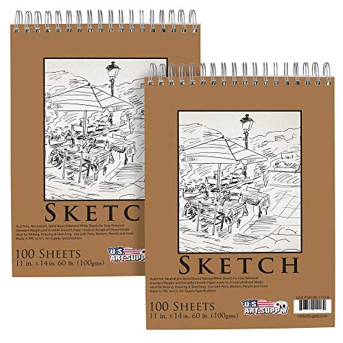 U.S. Art Supply 11"x14" Top Spiral Bound Sketch Book,100 Sheets Each 2-Pack - size: 11-x-14-inch